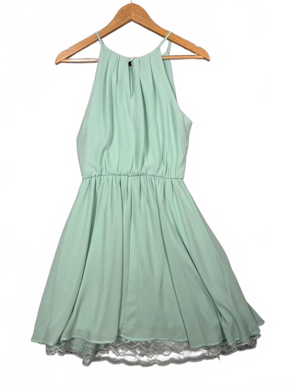 Dina Be Mint Green Chiffon Fit & Flare Dress Lace Hem Sleeveless Halter Size M - Picture 2 of 11